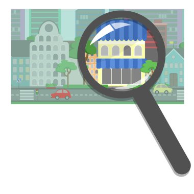 Satın alma ve Emlak, Emlak satış. Mağazalar, restoranlar, oteller, doğru özelliği için arama. Kavram vektör düz