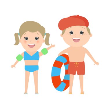 İki çocuk beyaz arka plan üzerinde izole beach giymiş. Beyaz erkek ve kız. Vektör çizgi film