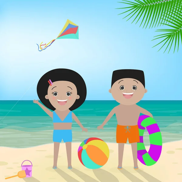 Αγόρι και κορίτσι με μαγιό στην παραλία. Αφρικανική αμερικανική παιδιά διάνυσμα καρτούν — Διανυσματικό Αρχείο
