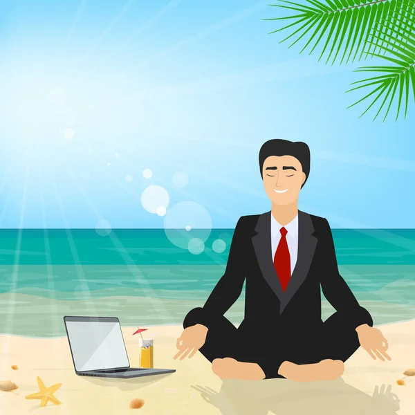 ビジネス スーツの蓮華座で瞑想ビーチに坐っている人。ビジネス、観光。ベクトル — ストックベクタ