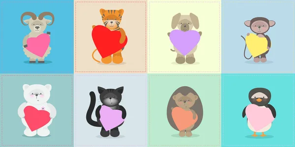 Los animales de peluche se mantienen con corazón. Peluche con corazón. Un regalo. Postal el día de San Valentín, cumpleaños, día de la madre. Vector de dibujos animados — Vector de stock