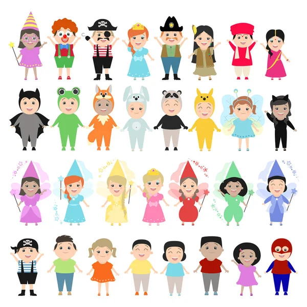 Children in carnival costumes, set. Children of different nationalities in the festivities, theatrical costumes. Cartoon characters, funny kids — Stock Vector