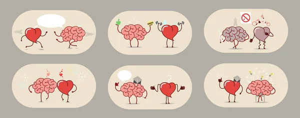 Мозок і серце, набір історій. Командна робота, інфаркт, здорові органи. Набір векторних іконок мультфільм . — стоковий вектор