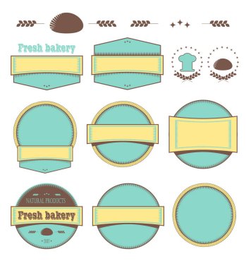 Logolar, çerçeveler ve tasarım öğeleri kurumsal kimlik fırın ürünleri için ayarlayın. Vektör retro tasarımı