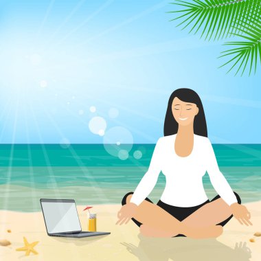 İş takım elbiseli lotus pozisyonda meditasyon plaj üzerinde oturan bir bayan. İş turizmi. Vektör
