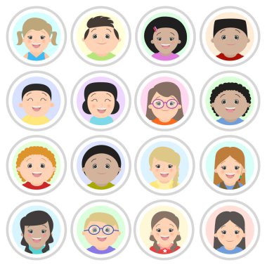 Avatarlar, Çocuk Portreler. Oğlanlar ve kızlar farklı milletlerden, portreler. Karikatür vektör