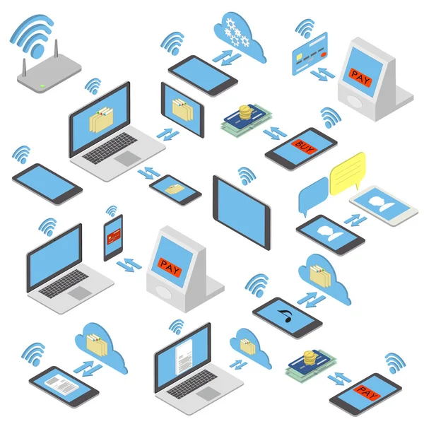 Set di diversi dispositivi mobili wireless, l'acquisto, su Internet per la vendita. Illustrazione vettoriale isometrica — Vettoriale Stock