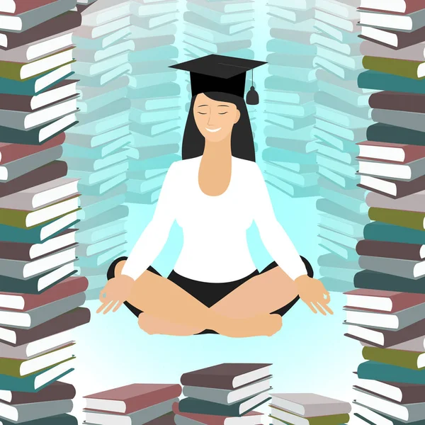 Educação empresarial. Mulher caucasiana meditando em posição de lótus, rodeada de livros. Vetor — Vetor de Stock