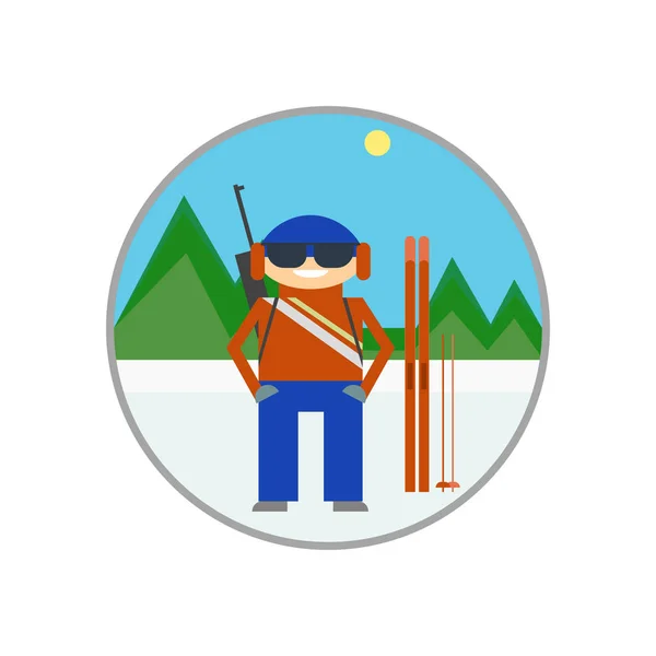 Esquiadores en el fondo de paisajes de montaña, biatlón, esquí alpino. Icono, signo, vector — Vector de stock