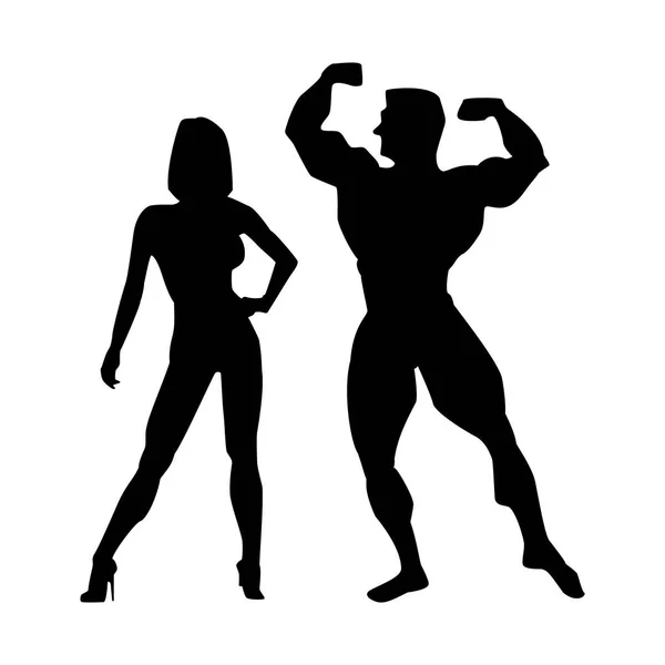 Θηλυκά και αρσενικά σιλουέτες αθλητές. Ένα ζευγάρι των αθλητών. Bodybuilders πόζες και fitnesbikini. — Διανυσματικό Αρχείο