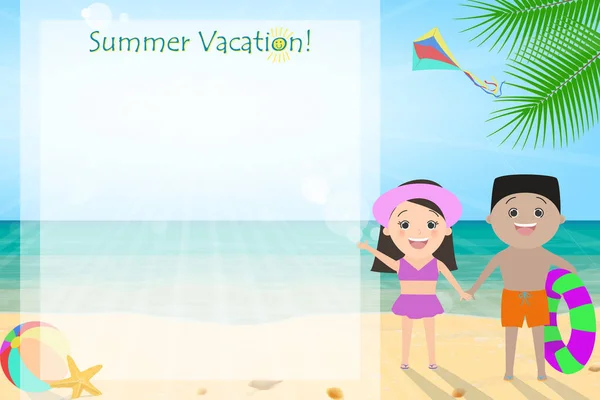 Zomervakantie, zomervakantie voor kinderen. Blije kinderen op het strand. Cartoon Vector — Stockvector