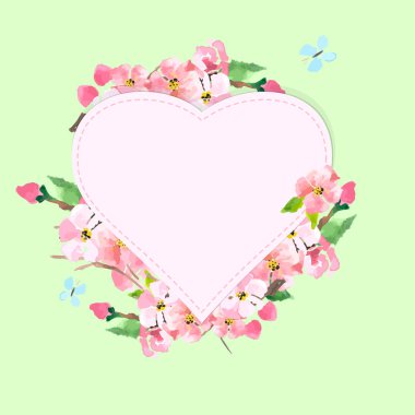 Çiçeklenme kiraz, sakura. Kalp ve sakura çiçekli tebrik kartı. Vektör suluboya tekniği