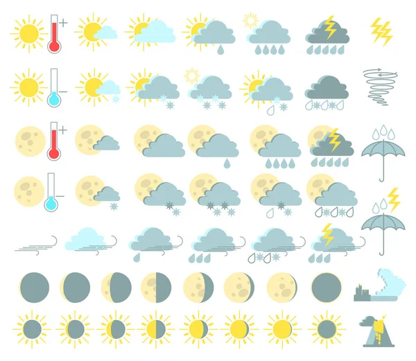 Wetter Set von farbigen Symbolen. Regen und Gewitter, Sonne, Tornado, Tsunami, Vulkanausbruch. Vektor — Stockvektor