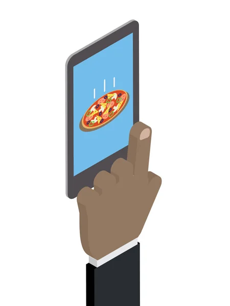 Aankopen van de telefoon, de voeding, de pizza. Hand African American koopt een pizza op de telefoon — Stockvector