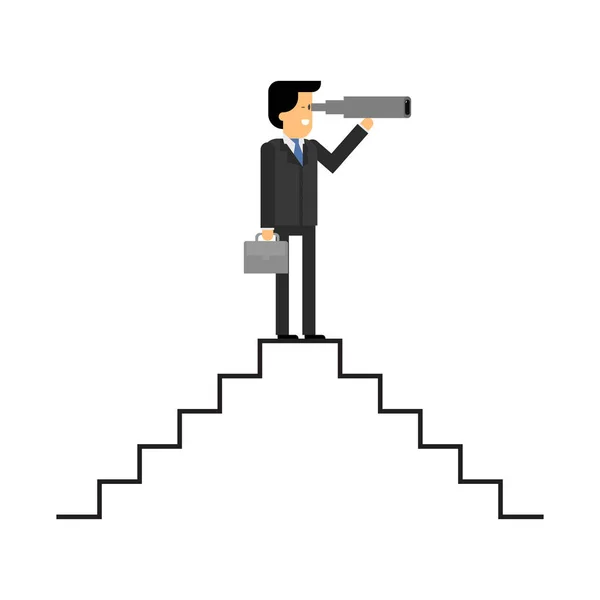 Бизнес видение. Бизнесмен стоит на лестнице и смотрит в телескоп. Проектирование векторных материалов — стоковый вектор