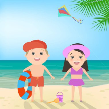 Yaz plaj tatil. Erkek ve kız sahilde. Deniz manzarası, vektör çizgi film