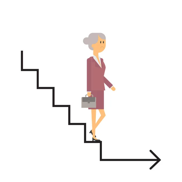 Down the corporate ladder, the end of business, an elderly business woman walks down the stairs. Vector flat material — Stock Vector