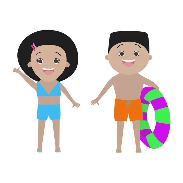 Dos niños vestidos de playa aislados sobre fondo blanco. Chico y chica afroamericanos. Caricatura vectorial — Vector de stock