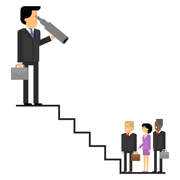 Businessman on the top of the career ladder looksinto a telescop — Stock Vector