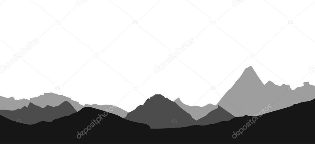 Mountain landscape, black and white, monochrome landscape. Vector