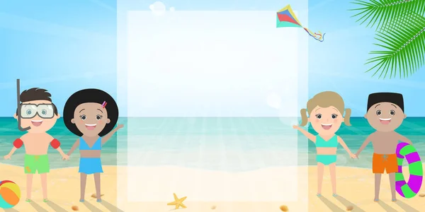 Niños en el fondo de la playa, soleados. Vacaciones, vacaciones escolares — Vector de stock