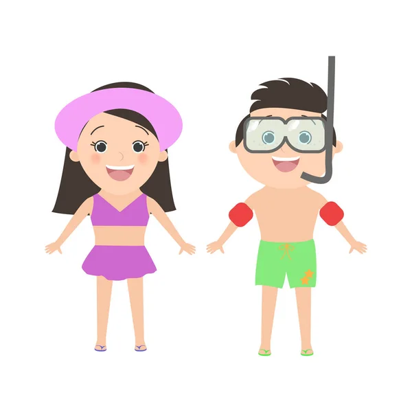 Garçon caucasien portant un masque pour la plongée avec tuba et une fille. dessin animé — Image vectorielle