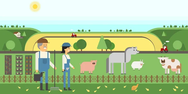 Ferme, terres agricoles, animaux de ferme, lits, travailleurs — Image vectorielle