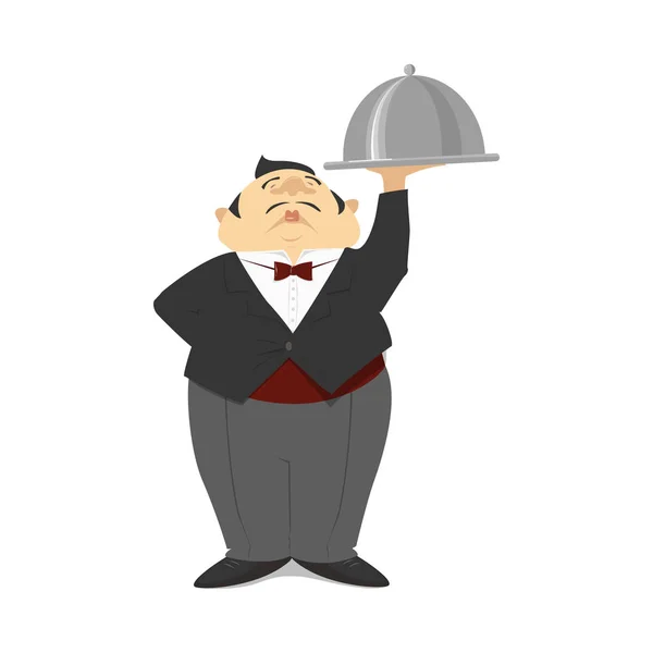 A waiter in a suit holds a tray. Waiter with a dish. Cartoon Vector — Stock Vector