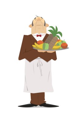 Garson meyve tepsisi ile takım elbiseli. Çizgi film, yaşlı garson