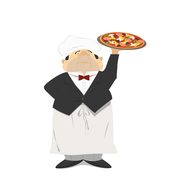 El camarero tiene una pizza, pizza italiana en un restaurante. El camarero de la pizzería. Dibujos animados, retro — Vector de stock