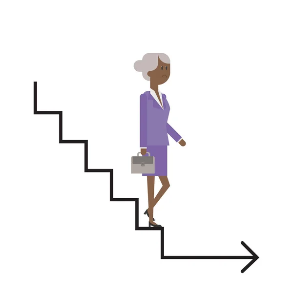 Carrièreladder, de oudere dame daalt de trappen, zakenvrouw, de voltooiing van haar carrière. Vector, materiaal plat — Stockvector
