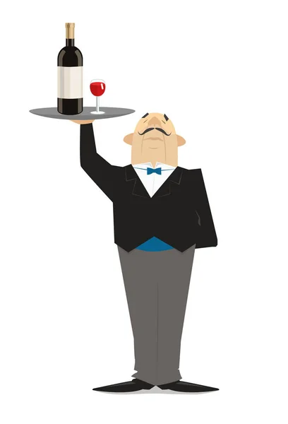 Un camarero con una botella de vino, un sumiller en un restaurante. Coche — Vector de stock