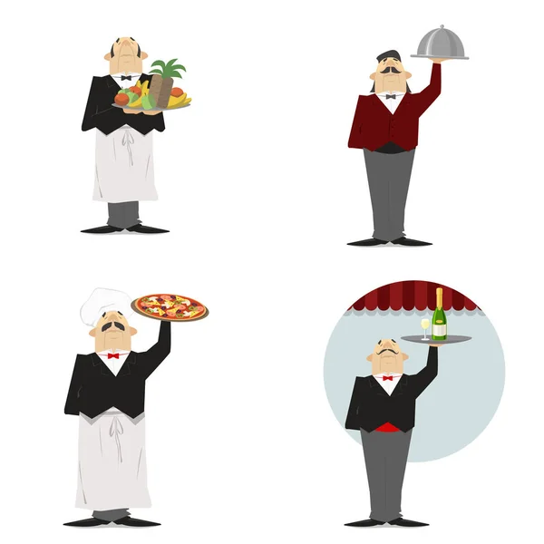 Camarero, listo. Camarero con un plato, con pizza, con champán, con fruta. Sobre un fondo blanco. Ilustración, vector, retro — Vector de stock