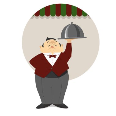 Garson bir İtalyan restoranına arka planı kırmızı elbise paltolu bir çanak ile. Vektör, illüstrasyon, retro