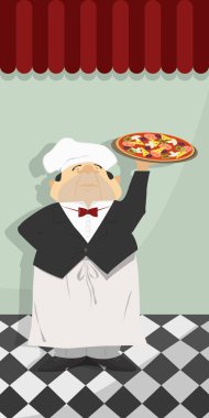 Garson ile İtalyan pizza restoran duvarına karşı. Vektör, illüstrasyon, retro