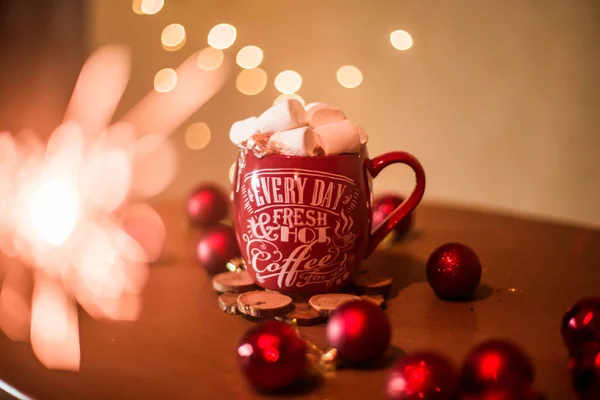 Marshmallows Christmas Cup Lights — Stock Photo, Image