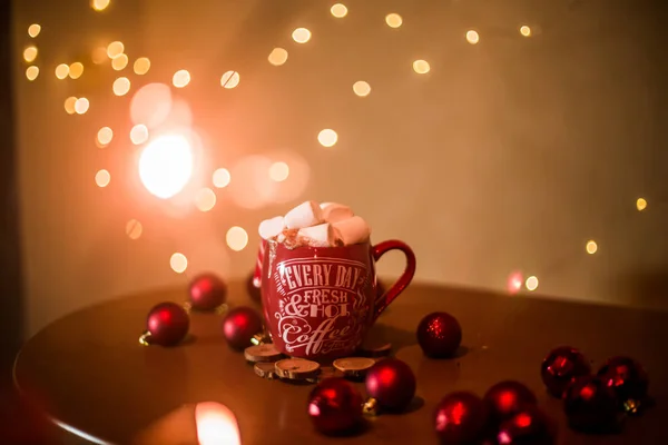 Marshmallows Christmas Cup Lights — Stock Photo, Image