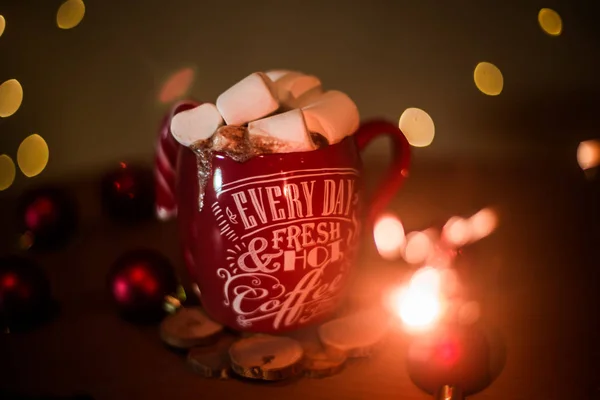 Marshmallows Christmas Cup Lights — Stock Photo, Image