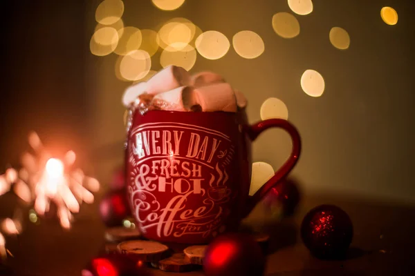 Marshmallows Christmas Cup Lights — Stock Photo, Image