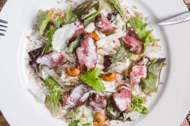 Biftekli salata, yeşil elma, salata karışımı, salata kökü beyazlatılmış ve krema soslu limon suyu, kaju fıstığı, beyaz tabakta ceviz. Üst görünüm.