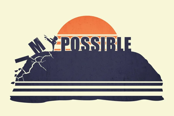 Conceptual illustration, guy determined to change his future, makes impossible - possible, as kicks the text symbols on top of mountain over sunset sky. Life challenge, motivation, success achievement