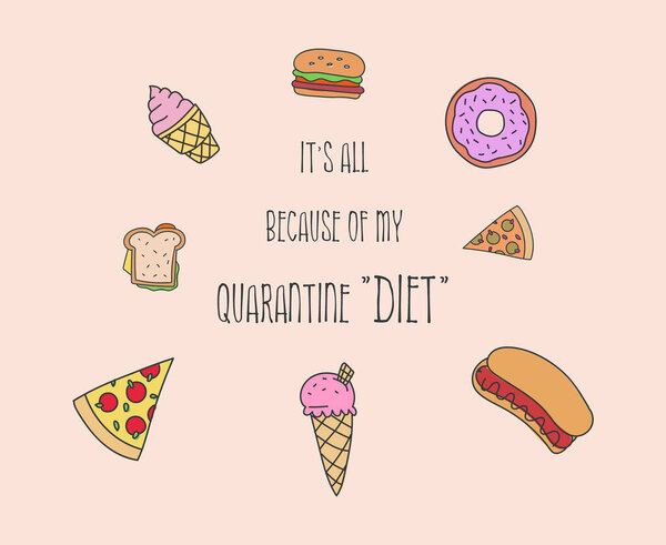 It's all because of my quarantine "diet". Funny excuse quote, fast food set, droll text art cartoon illustration. Home isolation high calorie nutrition, pizza, burger, hot-dog, donut or ice-cream.