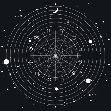 Minimalist mistik kozmik işaretler, esrarengiz sanat geçmişi. Zodiac sembollü astrolojik tekerlek projeksiyonu. Gelecek tahminler, danışmanlık yapan yıldızlar. Evrenin sihirli gücü, astroloji kavramı