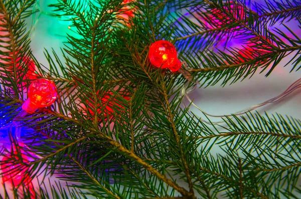 Sfondo Capodanno Con Lampadine Multicolori Palle Decorazioni Natalizie Capodanno — Foto Stock