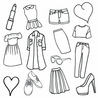 hisse senedi el çizilmiş vektör illüstrasyon kroki Doodle kadın giysileri Icons set