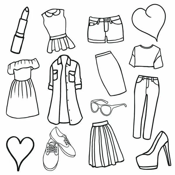 Doodle Frauen Kleidung Ikonen set stock hand gezeichnet Vektor Illustration Skizze — Stockvektor