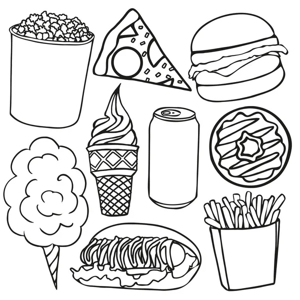 Vetor mão desenhado emblemas de comida e ilustrações. Fast Food pronto. ilustração de estoque . —  Vetores de Stock