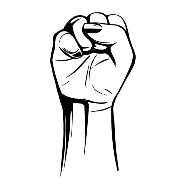 Vektör çizimi. El işi kadın çizimi. Kadınlar sembollere direnir. Kadın gücü. Yumruk ve güneş patlamasının bir örneği. Beyazda izole edilmiş