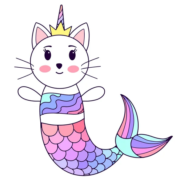 Lindo unicornio gato mágico y sirena. Ilustración de dibujos animados vectoriales. Elemento para tarjeta — Vector de stock