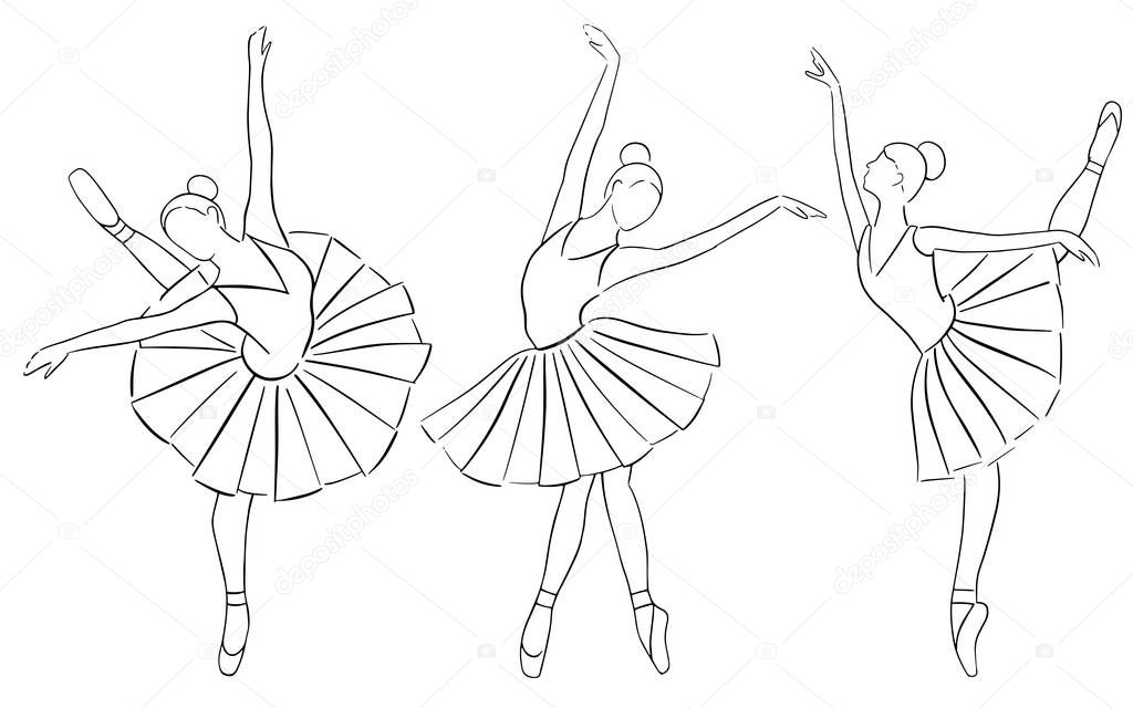 Collection of 3 ballerinas. black and white vector illustration set. Sketch. Ballet